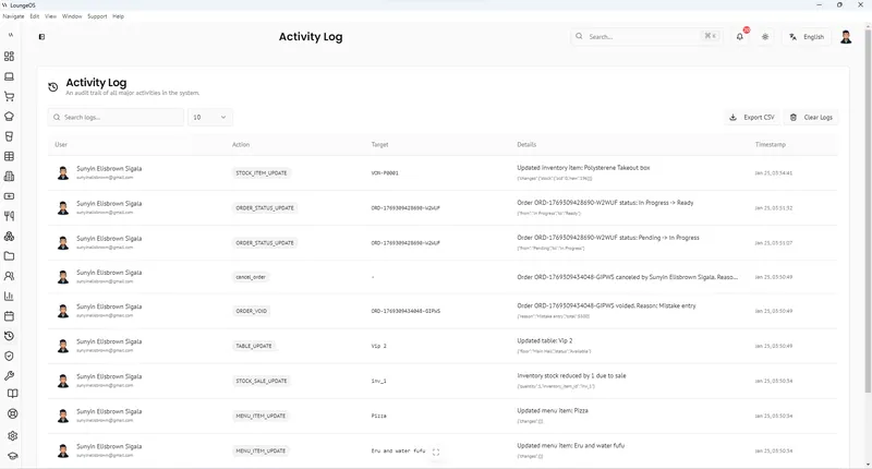 Journal d'activité LoungeOS listant les actions des employés avec date et heure