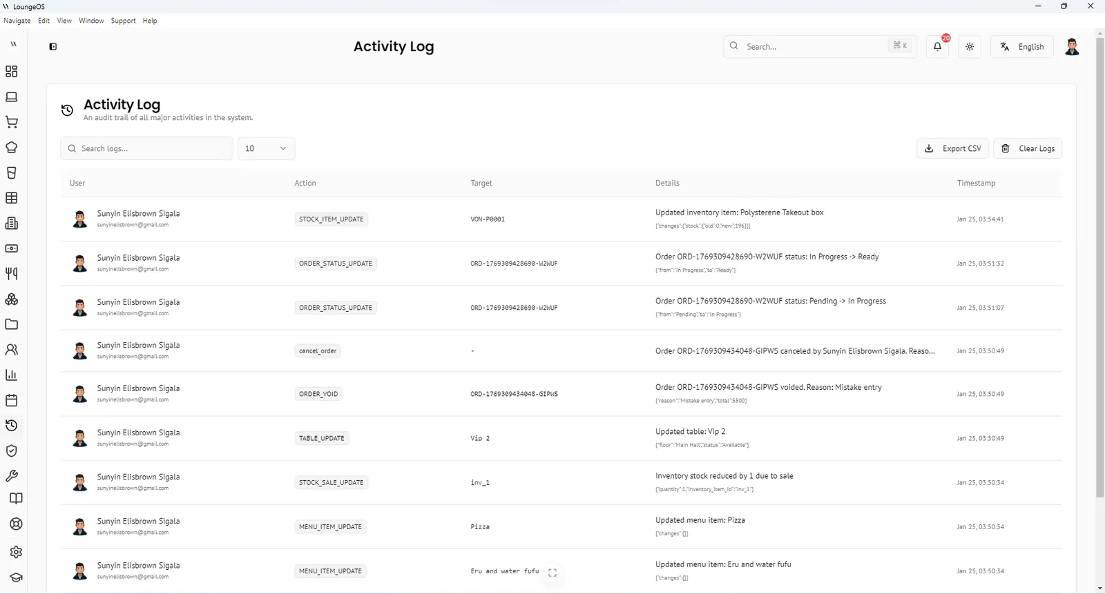 LoungeOS activity log listing user actions such as order status changes, table updates and stock adjustments with timestamps