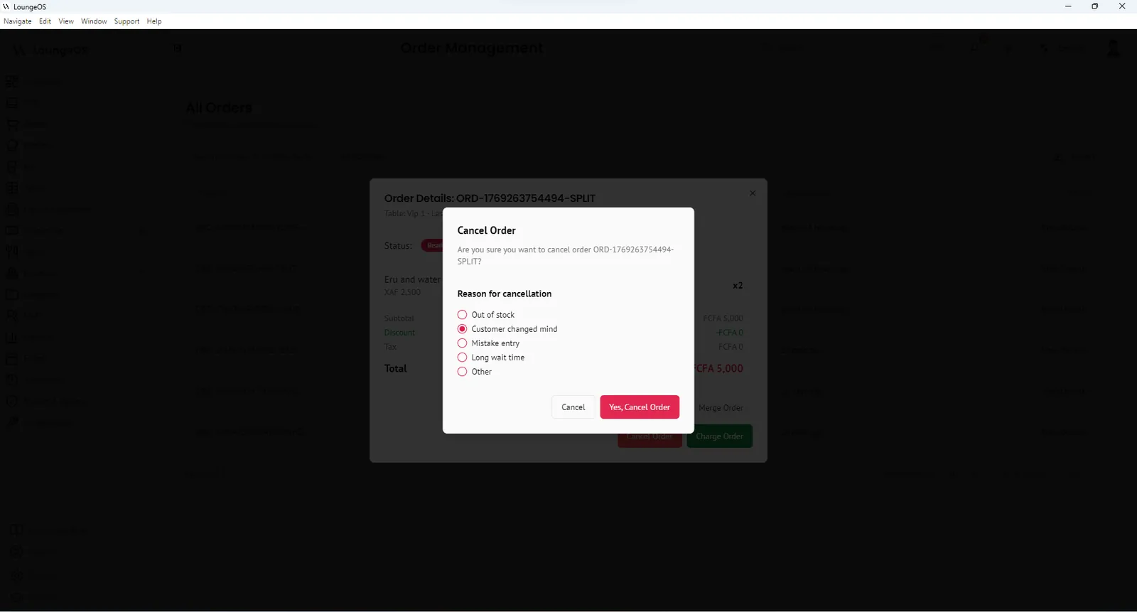LoungeOS cancel order dialog asking for a reason such as out of stock, customer changed mind or wrong entry