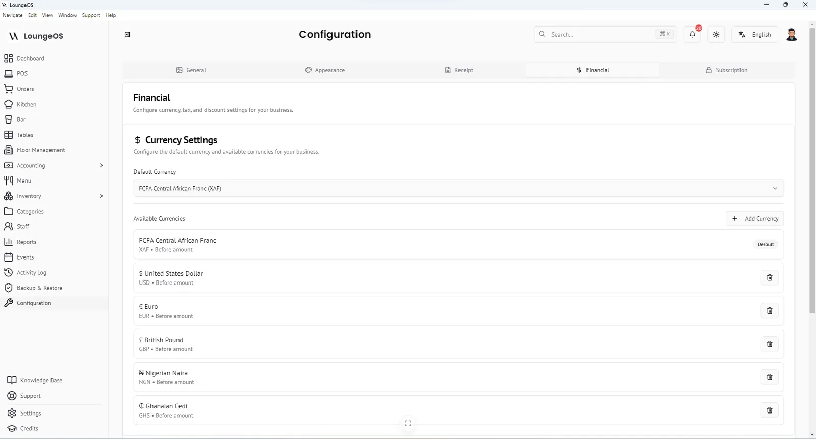 LoungeOS financial settings with FCFA (XAF) as the default currency and other currencies available