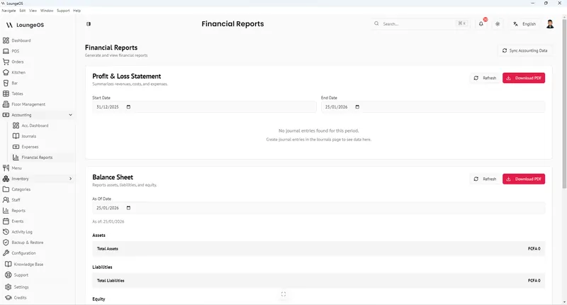 LoungeOS financial reports page with profit and loss statement and balance sheet date filters and PDF download