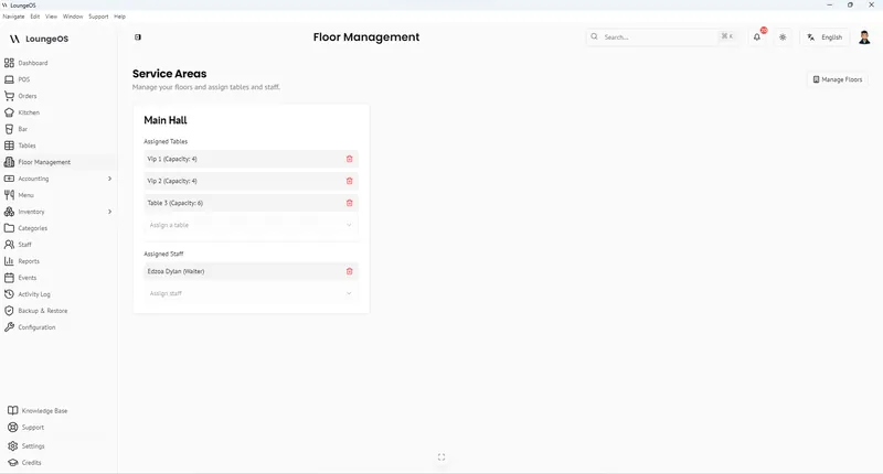 Gestion des zones LoungeOS avec tables et serveurs affectés
