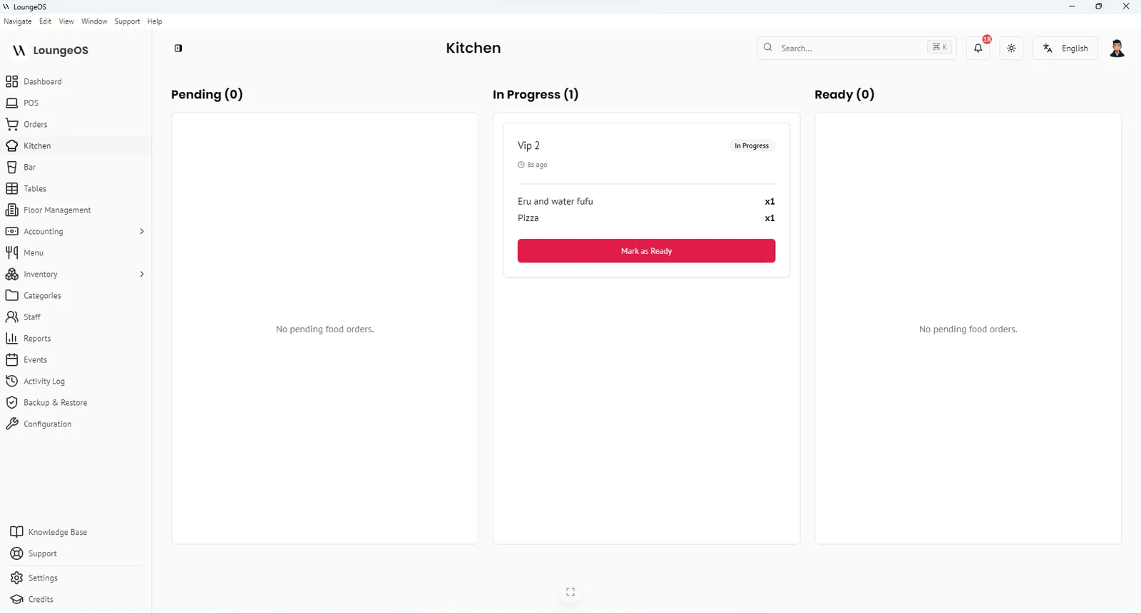 Écran cuisine LoungeOS avec commandes en cours