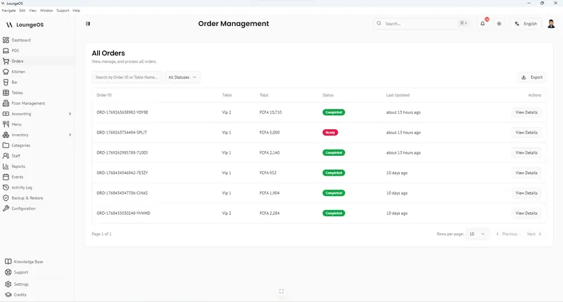 LoungeOS order management list with order IDs, tables, totals and order status