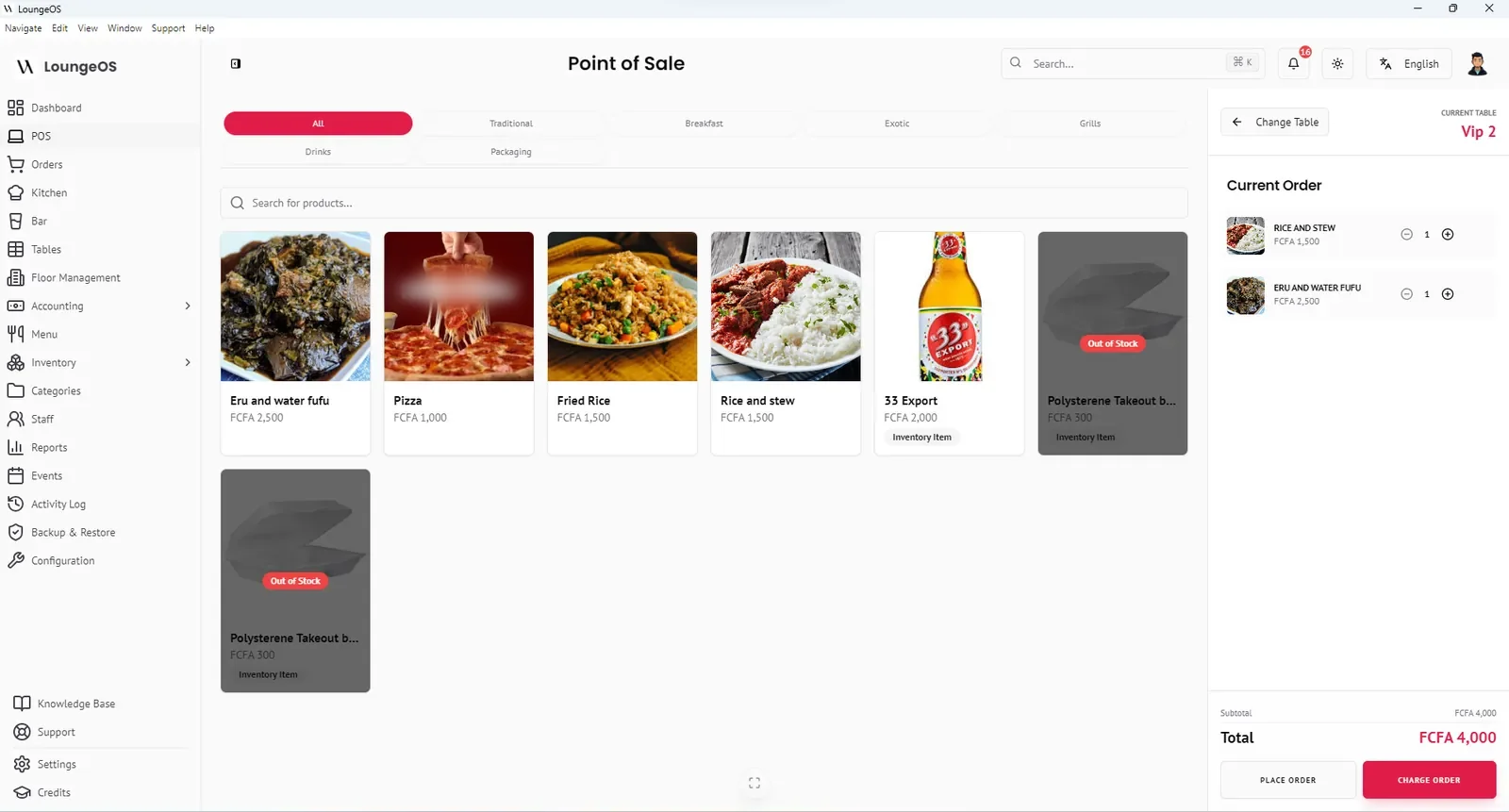 Écran de caisse LoungeOS avec catégories de plats, photos et commande en cours pour la table VIP 2