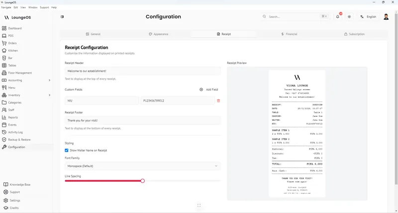 LoungeOS receipt configuration with header, footer and a thermal receipt preview