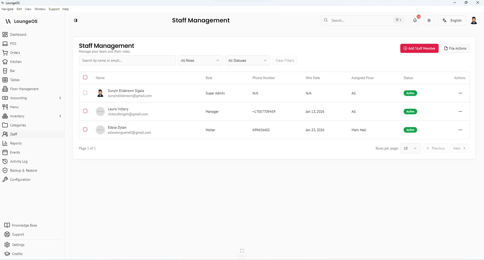 LoungeOS staff management list with names, roles, phone numbers and status