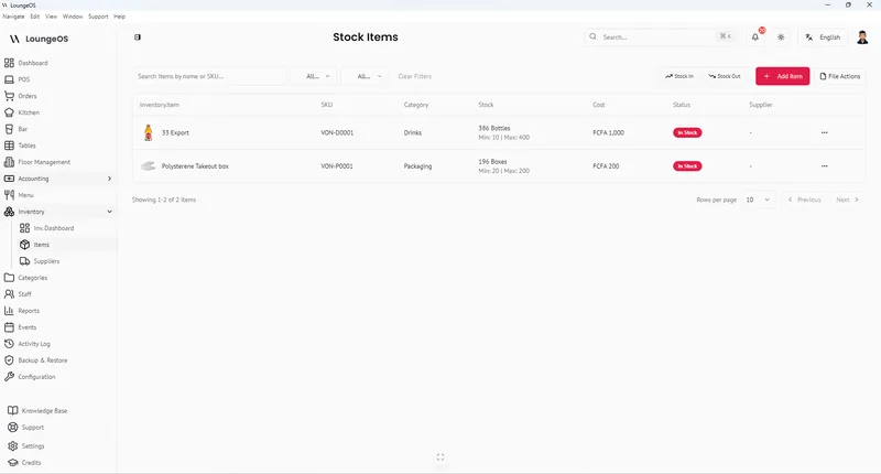 LoungeOS stock items list showing beer bottles and packaging with stock levels and costs