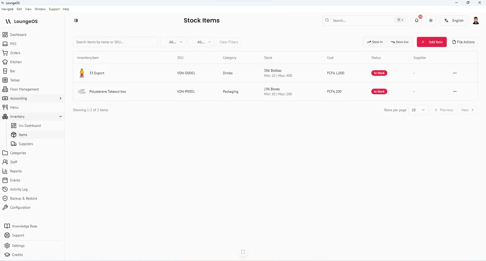 LoungeOS stock items list with SKU, category, stock level, cost and status
